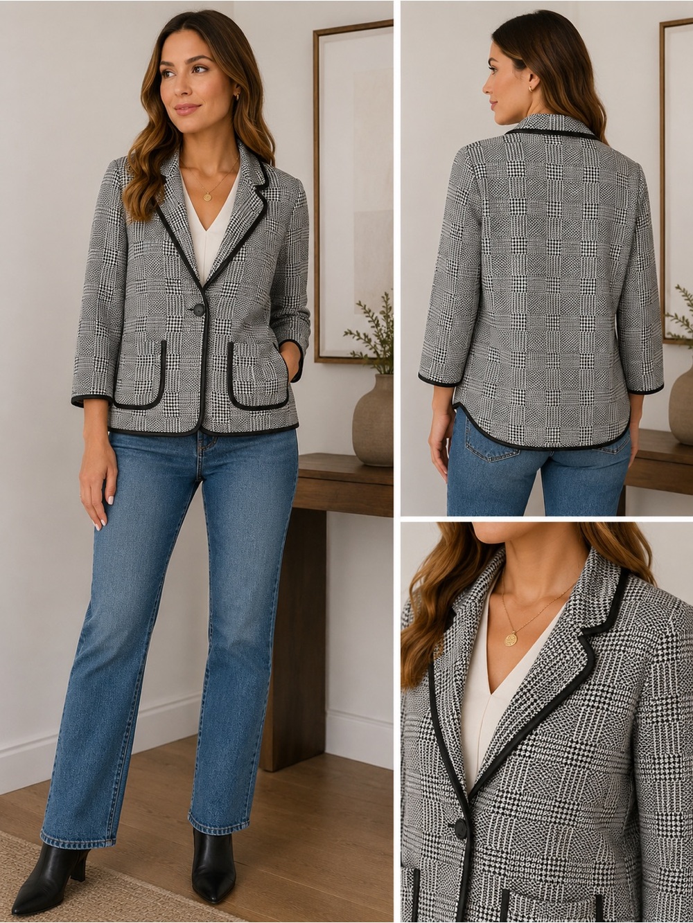 St. John Black & White Glen Plaid Knit Blazer